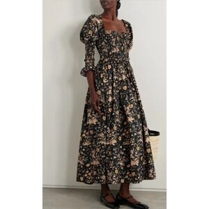 Doen Bijou Midi Dress Medium Smocked Cotton Oak Bluff Black Yellow Milk Maiden